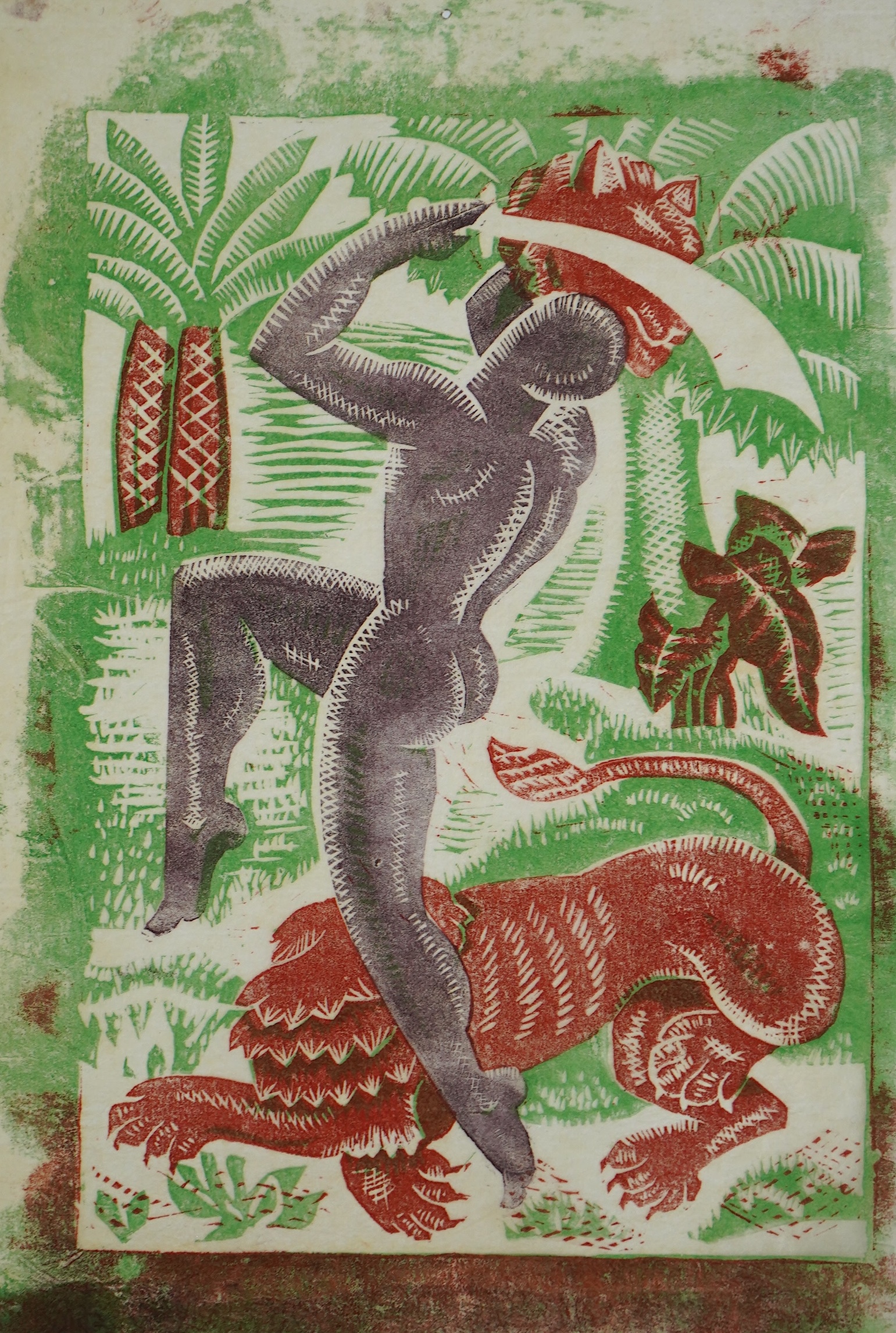 Margaret Barnard (British, 1900-1992), The Lion Slayer, linoleum cut printed in colours on tissue-thin oriental laid paper, 20 x 13.5cm